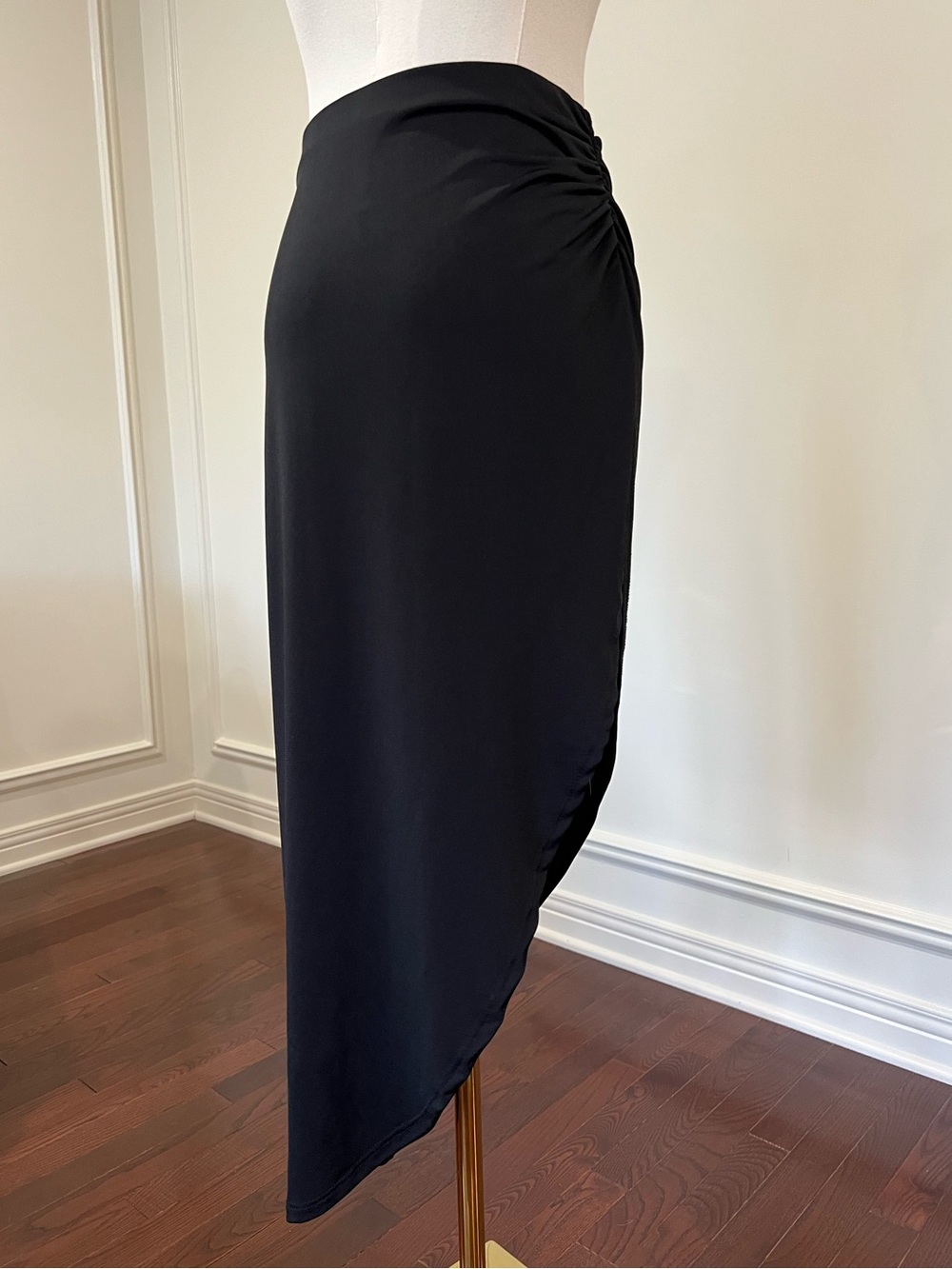 Black Ruched Front Wrap Skirt High-Low Slit Maxi Draped, M for Mendoncino Size S